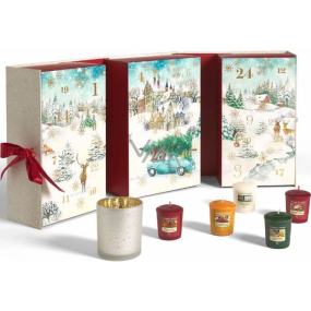 Yankee Candle Adventní kalendář Kniha čajová svíčka 12 kusů + votiv svíčka 12 kusů + svícen, Vánoční dárková sada