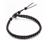 Obsidian kožený náramek přírodní kámen, ručně vyráběný, zapínací, kulička 4 mm / 17 - 23 cm, kámen záchrany