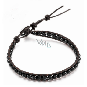 Obsidian kožený náramek přírodní kámen, ručně vyráběný, zapínací, kulička 4 mm / 17 - 23 cm, kámen záchrany