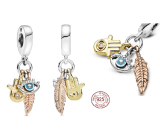 Zawieszka ze srebra próby 925 Ochronny amulet, ręka Fatimy, oko proroka i pióro, talizman 3w1, zawieszka do bransoletki symbol