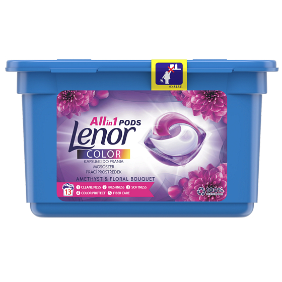 Lenor Color All in1 Pods Amethyst & Floral Bouquet vůně pivoněk a planých růží gelové kapsle na praní barevného prádla 13 kusů