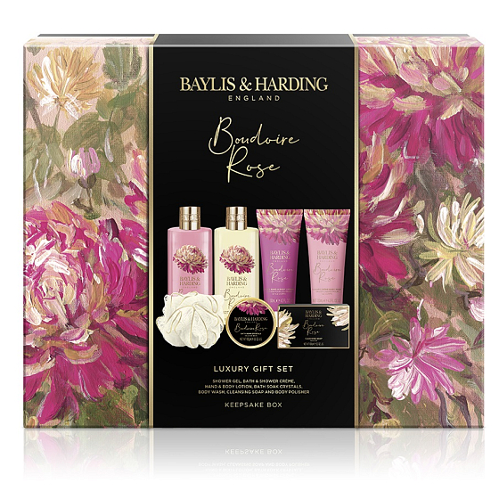 Baylis & Harding Tajemná růže sprchový gel 300 ml + koupelový a sprchový krém 300 ml + mléko na ruce a tělo 130 ml + mycí gel 130 ml + toaletní mýdlo 100 g + sůl do koupele 100 g + mycí houba, kosmetická sada pro ženy