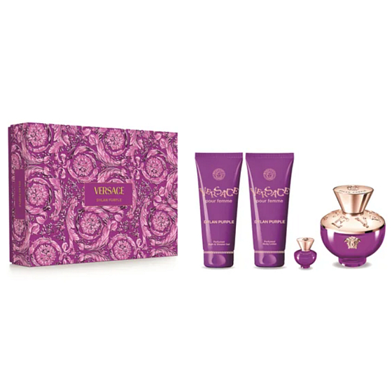 Versace Dylan Purple woda perfumowana 100 ml + mleczko do ciała 100 ml + żel pod prysznic 100 ml + miniatura wody perfumowanej 5 ml, zestaw prezentowy dla kobiet