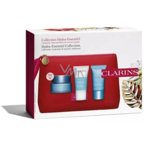 Clarins Hydra-Essentiel bogaty krem nawilżający do bardzo suchej skóry 50 ml + peeling kremowy do rozjaśniania i nawilżania 15 ml + orzeźwiająca maska nawilżająca 15 ml + kosmetyczka, zestaw kosmetyków dla kobiet