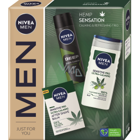 Nivea Men Hemp Sensation Sensitive Pro balzám po holení s konopím 100 ml + Deep Black Carbon Amazonia antiperspirant sprej 150 ml + Sensitive Pro Ultra-Calming sprchový gel 250 ml, kosmetická sada pro muže Nivea Men Hemp Sensation Sensitive Pro balzám po holení s konopím 100 ml + Deep Black Carbon Amazonia antiperspirant sprej 150 ml + Sensitive Pro Ultra-Calming sprchový gel 250 ml, kosmetická sada pro muže