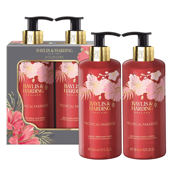 Baylis & Harding Boudoire Tropical Paradise - Tropikalny raj płynne mydło do rąk 300 ml + nawilżające mleko do ciała i rąk 300 ml, zestaw kosmetyków dla kobiet