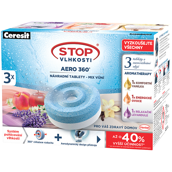 Ceresit Stop vlhkosti Aero 360 Mix vůní - Vanilka, Ovoce, Levandule náhradní tablety 3 x 450 g