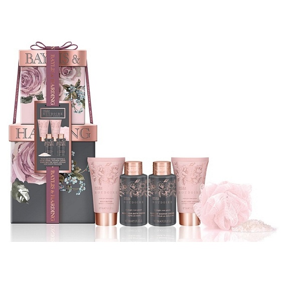 Baylis & Harding Okvětní lístky růže koupelový krém 100 ml + sprchový krém 100 ml + tělové mléko 50 ml + krém na ruce 50 ml + krystalky do koupele 25 g + masážní houbička, kosmetická sada