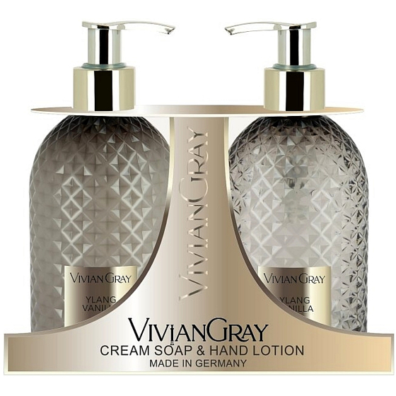 Vivian Gray Ylang i Wanilia luksusowe płynne mydło z dozownikiem 300 ml + luksusowe mleczko do rąk z dozownikiem 300 ml, zestaw kosmetyczny