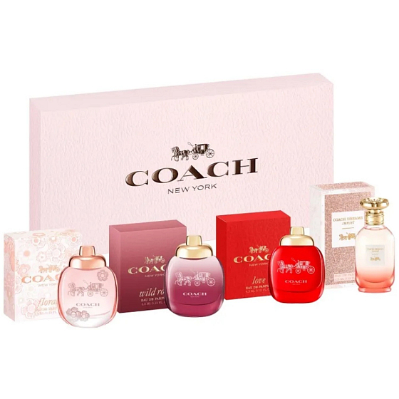 Coach Floral woda perfumowana 4,5 ml + Wild Rose woda perfumowana 4,5 ml + Love woda perfumowana 4,5 ml + Dreams Sunset woda perfumowana 4,5 ml, zestaw miniaturowych flakoników dla kobiet