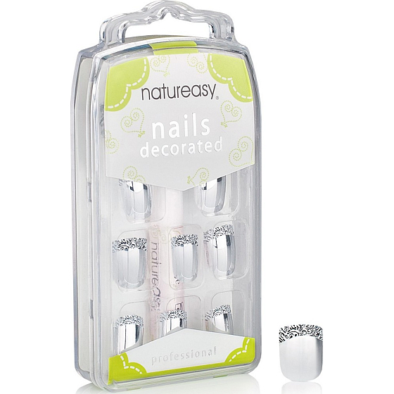 Diva & Nice Natureasy Nails Decorated nalepovací nehty stříbrné s černo-bílou aplikací 24 kusů + lepidlo 2 g