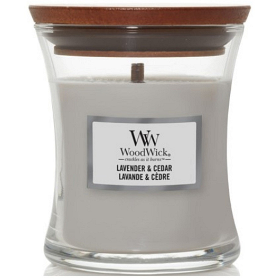 WoodWick Lavender & Cedar vonná svíčka 85 g – malá skleněná svíčka s dřevěným knotem a víčkem, vůně levandule a cedru