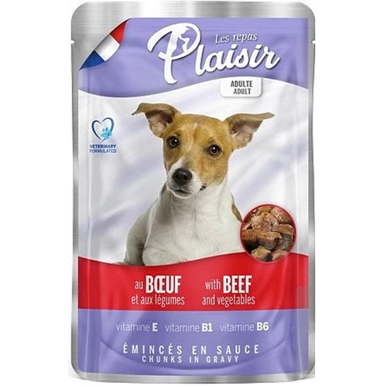 Plaisir Dog wołowe kawałki z warzywami kompletné krmivo pro dospělé psy kapsička 100 g