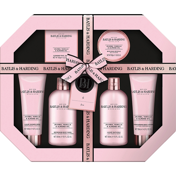 Baylis & Harding Jojoba, Vanilka a Mandlový olej mycí gel 300 ml + mléko do koupele 300ml + mýdlo 150 g + sprchový krém 130 ml + tělové mléko 130 ml + koupelová sůl 130 ml, kosmetická sada