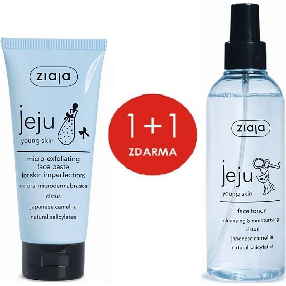 Ziaja Jeju Mikro-exfoliační pleťová černá pasta na černé tečky 75 ml + pleťový čisticí tonik ve spreji s protizánětlivými a antibakteriálními účinky 200 ml, duopack