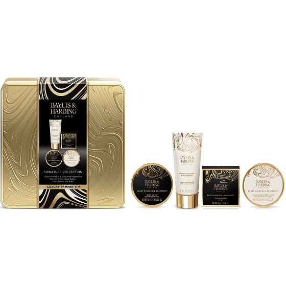 Baylis & Harding Mandarinka a Grapefruit sprchový krém 50 ml + tělové máslo 50 ml + krém na ruce 50 ml + toaletní mýdlo 50 g + plechová dóza, kosmetická sada pro ženy