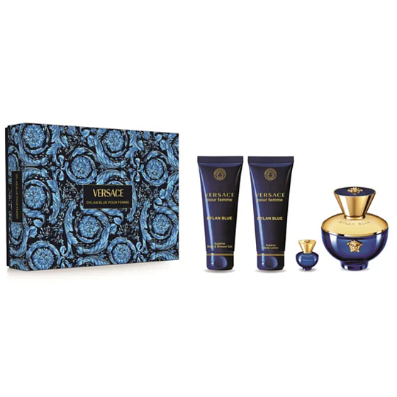 Versace Dylan Blue pour Femme woda perfumowana 100 ml + mleczko do ciała 100 ml + żel pod prysznic 100 ml + woda perfumowana 5 ml miniatura, zestaw prezentowy dla kobiet