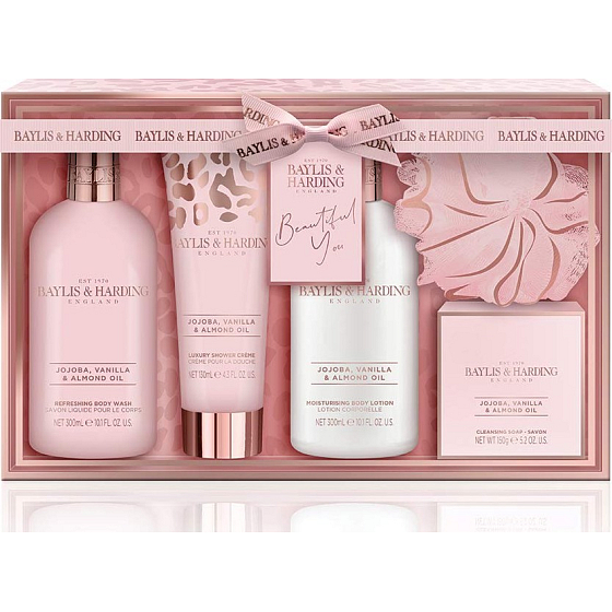 Baylis & Harding Jojoba, Vanilka a Mandlový olej mycí gel 300 ml + tělové mléko 300 ml + toaletní mýdlo 150 g + sprchový krém 130 ml + žínka, kosmetická sada