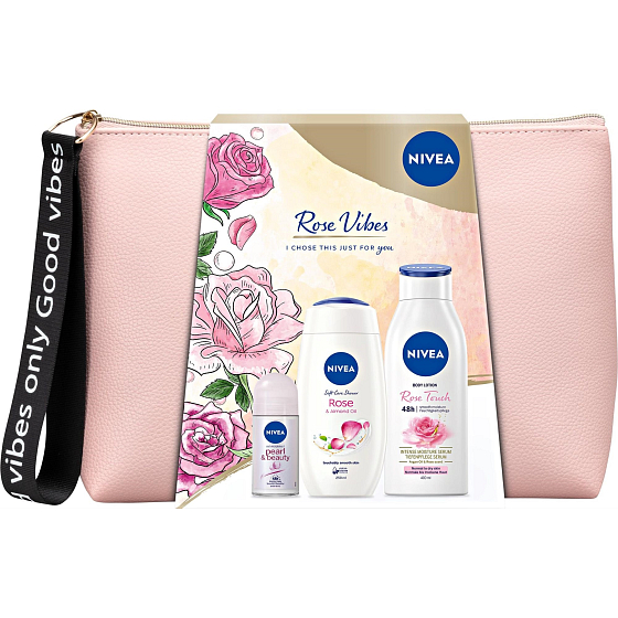 Nivea Rose Vibes tělové mléko 400 ml + sprchový gel 250 ml + antiperspirant roll-on 50 ml + etue, kosmetická sada pro ženy