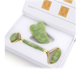 Serpentynowy Gua Sha 4,3 x 7,1 cm cm + wałek do masażu 14 x 5,5 cm redukuje zmarszczki, obrzęki, poprawia elastyczność skóry, zestaw