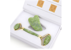 Serpentynowy Gua Sha 4,3 x 7,1 cm cm + wałek do masażu 14 x 5,5 cm redukuje zmarszczki, obrzęki, poprawia elastyczność skóry, zestaw