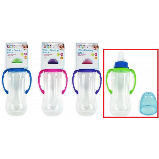 First Steps Feeding Bottle 0+ kojenecká lahev čirá s úchopy zelené barvy 250 ml