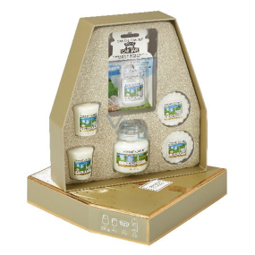 Yankee Candle Clean Cotton - Čistá bavlna vonná svíčka Classic malá sklo 1 x 104 g + vonná svíčka votivní 2 x 49 g + vonný vosk do aromalampy 2 x 22 g gelová vonná visačka do auta 1 x 30 g vánoční dárková sada