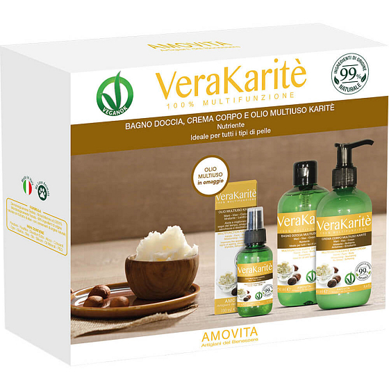 Amovita Vera Karité - Bambucké máslo tělový olej 100 ml + tělový krém 250 ml + sprchový gel 250 ml, kosmetická sada