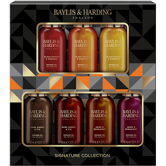 Baylis & Harding Men Černý pepř a Ženšen sprchový gel 3 x 100 ml + Konopí a Bergamot sprchový gel 3 x 100 ml + Černá ambra a Fíky 2 x 100 ml, kosmetická sada pro muže