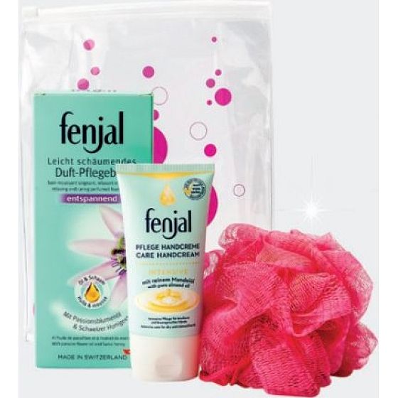 Fenjal Relaxační pěnová koupel 125 ml + Intensive krém na ruce 75 ml + masážní žínka 1 kus, kosmetická sada