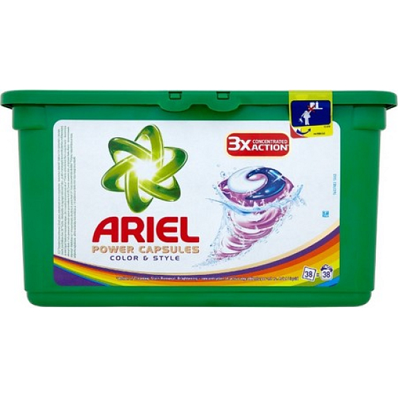 Ariel Power Capsules Color & Style gelové kapsle na praní barevného prádla 3X More Cleaning Power 38 kusů 1094,4 g