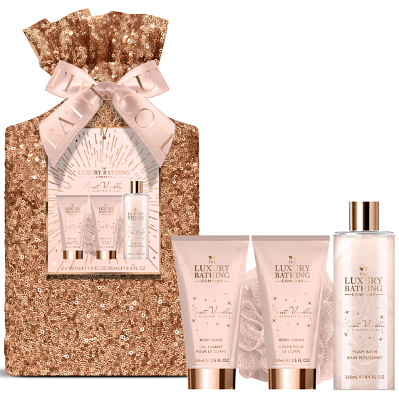 Grace Cole Sweet Vanilla & Almond Glaze mycí gel 150 ml + tělový krém 150 ml + pěna do koupele 250 ml + mycí houba, kosmetická sada pro ženy