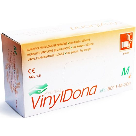 Dona Vinyldona rukavice vinylové nepudrované bezprašné, velikost M 200 kusů v krabici