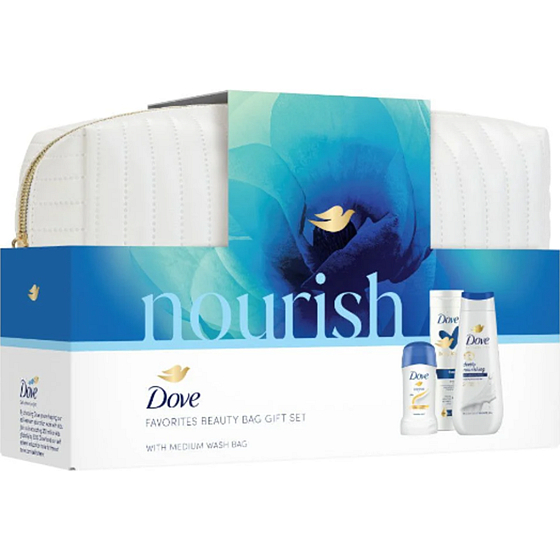 Dove Nourish żel pod prysznic 225 ml + mleczko do ciała 250 ml + dezodorant w sztyfcie 40 ml + kosmetyczka, zestaw kosmetyków dla kobiet