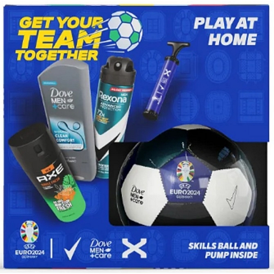 Rexona Euro 2024 Advanced Protection Invisible antyperspirant spray 150 ml + Axe Jungle Fresh dezodorant spray 150 ml + Dove Men +Care Clean Comfort żel pod prysznic 250 ml + piłka nożna + pompka, zestaw prezentowy dla mężczyzn