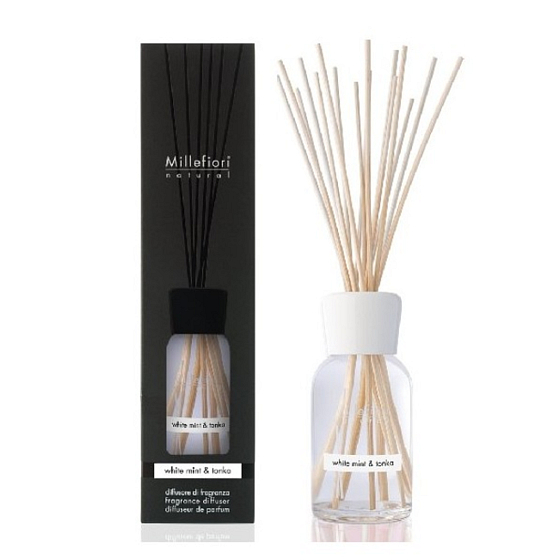 Millefiori Milano Natural White Mint & Tonka - Bílá máta a Tonkové boby Difuzér 250 ml + 8 stébel v délce 30 cm do středně velkých prostor vydrží minimálně 3 měsíce