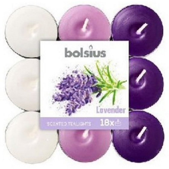 Bolsius Aromatic Lavender - Levandule tříbarevné vonné čajové svíčky 18 kusů, doba hoření 4 hodiny