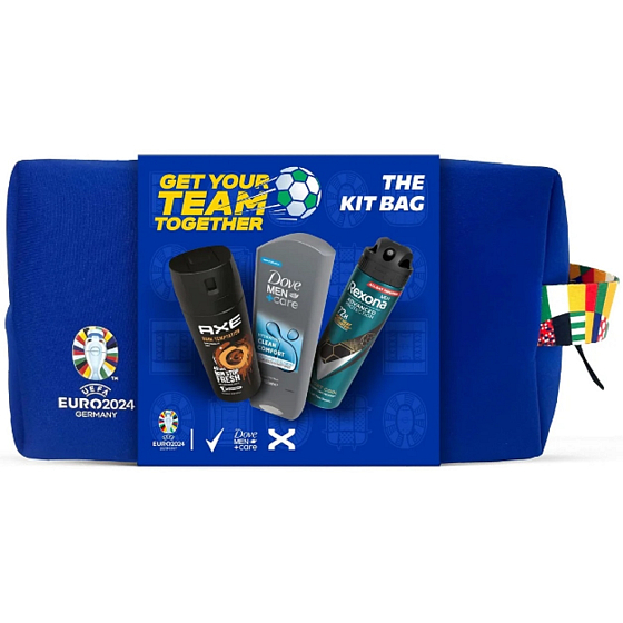Rexona Euro 2024 Advanced Protection Sport Cool dezodorant w sprayu 150 ml + Axe Dark Temptation dezodorant w sprayu 150 ml + Dove Men +Care Clean Comfort żel pod prysznic 250 ml + etui męskie, zestaw prezentowy dla mężczyzn