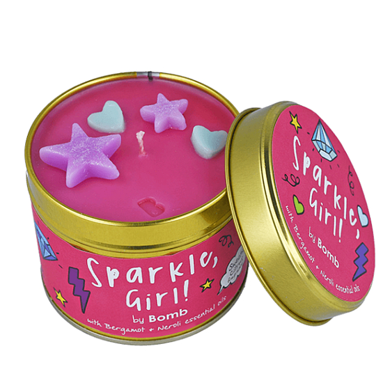 Bomb Cosmetics Tęczowe dzieło - Sparkle, Girl! Aromatyczna naturalna, ręcznie wykonana świeczka w puszce pali się aż 35 godzin