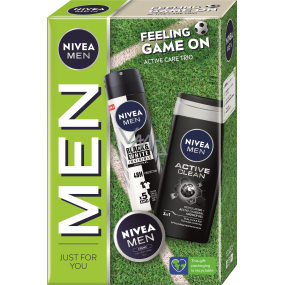 Nivea Men Feeling Game On Creme krém 30 ml + Active Clean sprchový gel 250 ml + Invisible Black & White antiperspirant deodorant sprej 150 ml, kosmetická sada pro muže