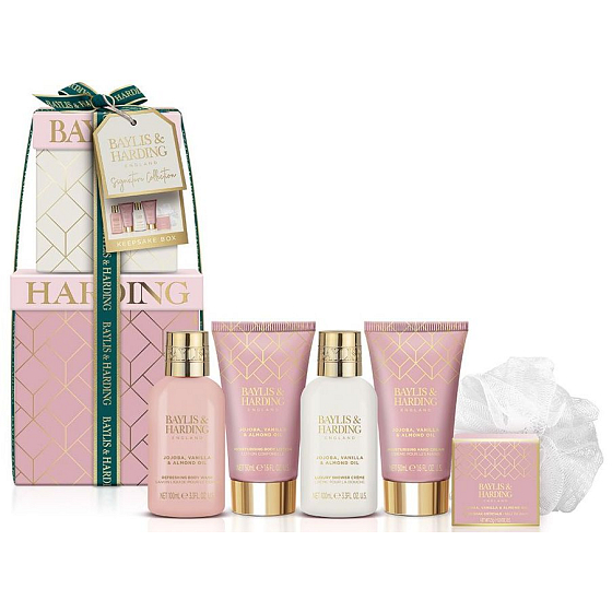 Baylis & Harding Jojoba, Vanilka & Mandlový olej sprchový krém 100 ml + mycí gel 100 ml + tělové mléko 50 ml + krém na ruce 50 ml + krystalky do koupele 25 g + mycí žínka, kosmetická sada pro ženy