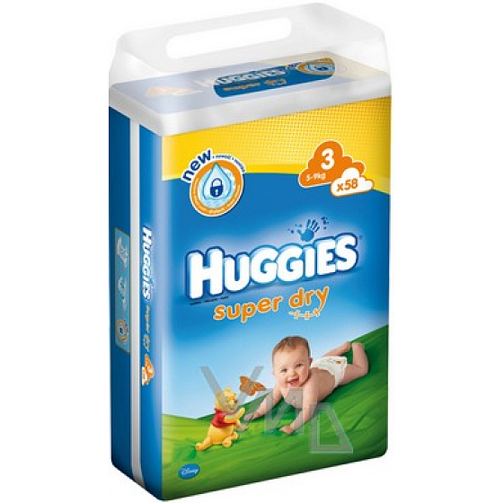 Huggies Super Dry velikost 3, 5-9 kg, plenkové kalhotky 58 kusů