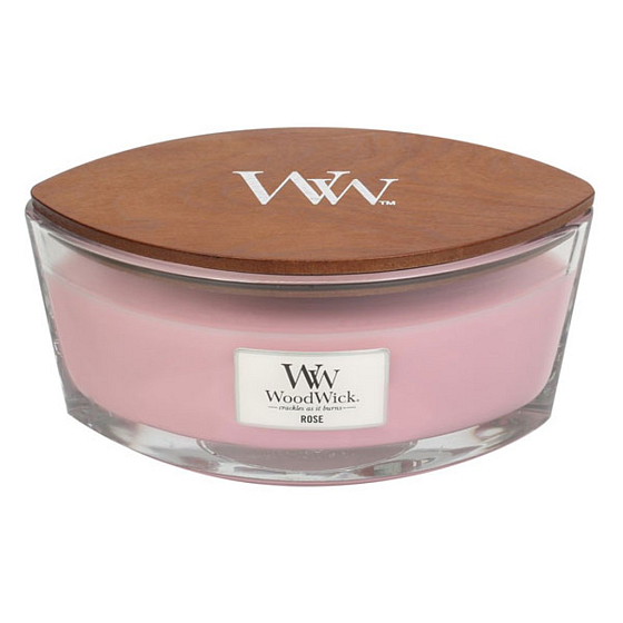 WoodWick Rose - Růže vonná svíčka s dřevěným širokým knotem a víčkem sklo loď 453 g