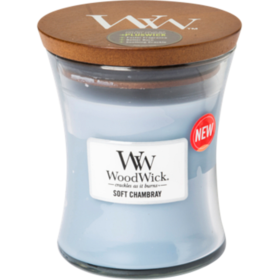 WoodWick Soft Chambray - Čisté prádlo vonná svíčka s dřevěným knotem a víčkem sklo malá 85 g