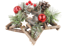 Vánoční dřevěný svícen ve tvaru hvězdy s červenými doplňky a šiškami 20 cm