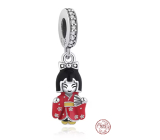 Charm Sterlingové stříbro 925 Japonská panenka Kokeshi v červeném kimonu, Gejša, přívěsek na náramek cestování