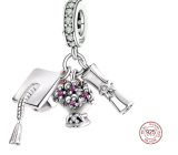 Charm Srebrny 925 Gradacja - Promocyjna czapka, dyplom, kwiaty, 3w1 Absolwent wisiorek na bransoletkę