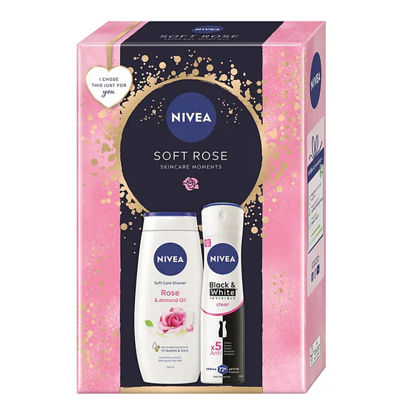 Nivea Soft Care Rose & Almond Oil żel pod prysznic 250 ml + Nivea Black & White Invisible Clear dezodorant w sprayu 150 ml, zestaw kosmetyczny dla kobiet