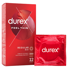 Durex Feel Thin Regular Fit kondomy extra cienkie, lateksowe, standardowe nawilżenie, nominalna szerokość: 56 mm 12 sztuk