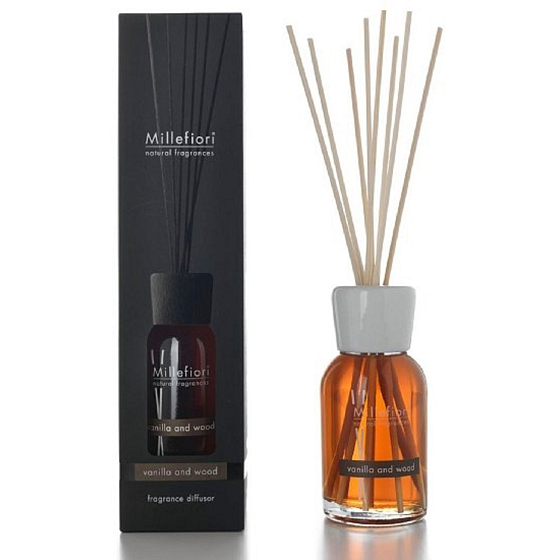 Millefiori Milano Natural Vanilla & Wood - Vanilka a Dřevo Difuzér 500 ml + 12 stébel v délce 35 cm do velkých prostor vydrží 6-7 měsíců
